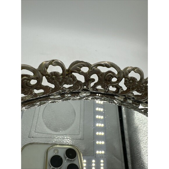 Vanity Mirrored Tray Gold Filigree Round Dresser Perfume Makeup Mirror 10 Inches - Picture 8 of 11